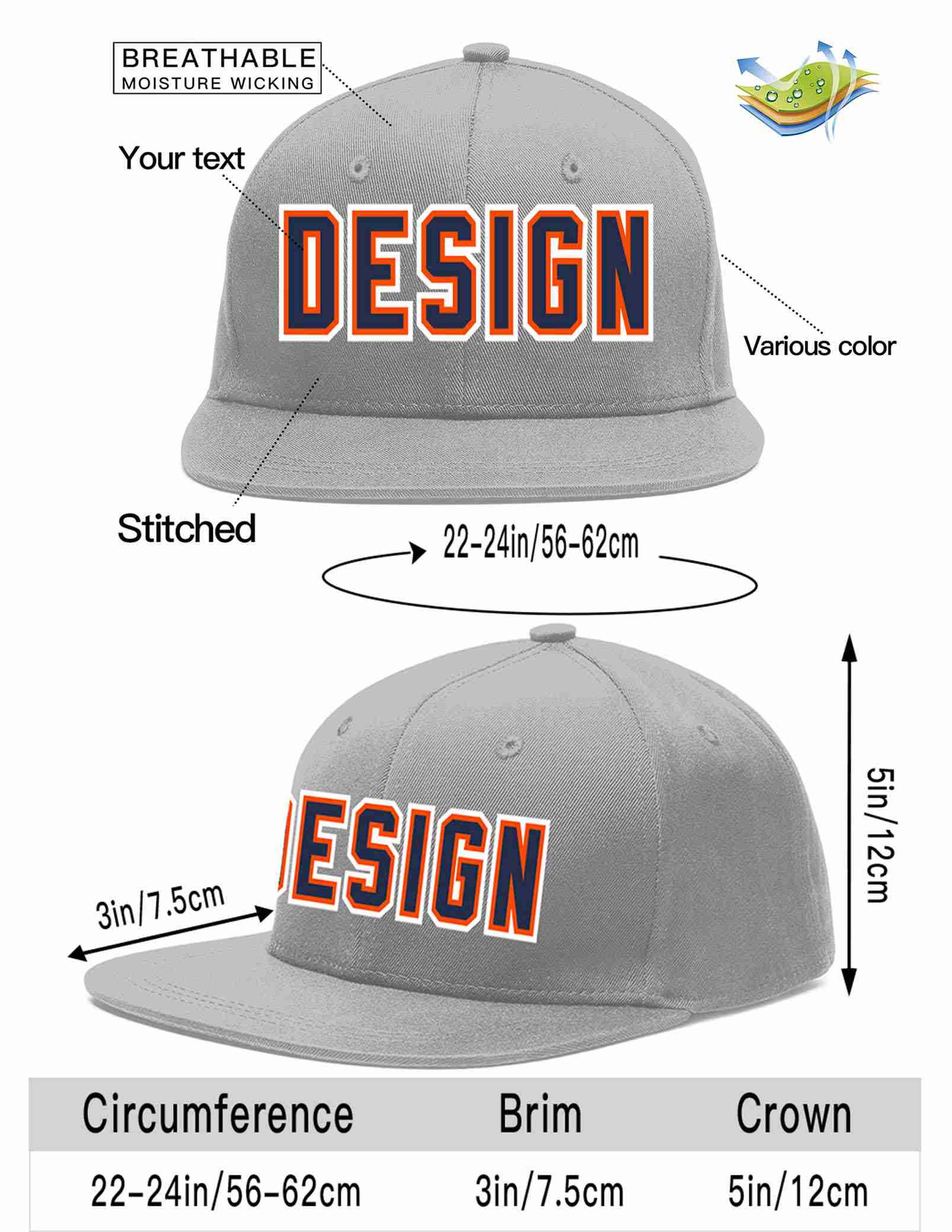 Custom Gray Navy-Orange Flat Eaves Sport Baseball Cap Design for Men/Women/Youth