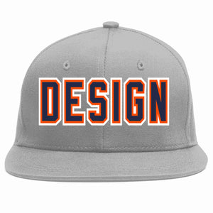 Custom Gray Navy-Orange Flat Eaves Sport Baseball Cap Design for Men/Women/Youth