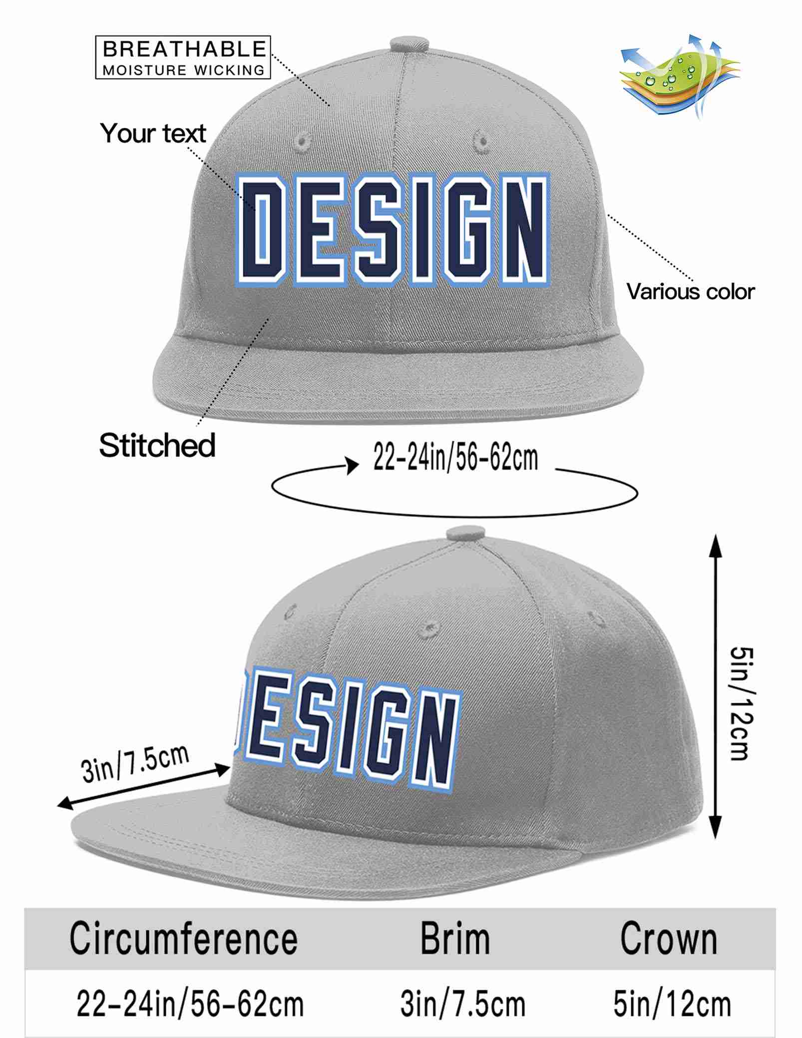 Custom Gray Navy-White Flat Eaves Sport Baseball Cap Design for Men/Women/Youth