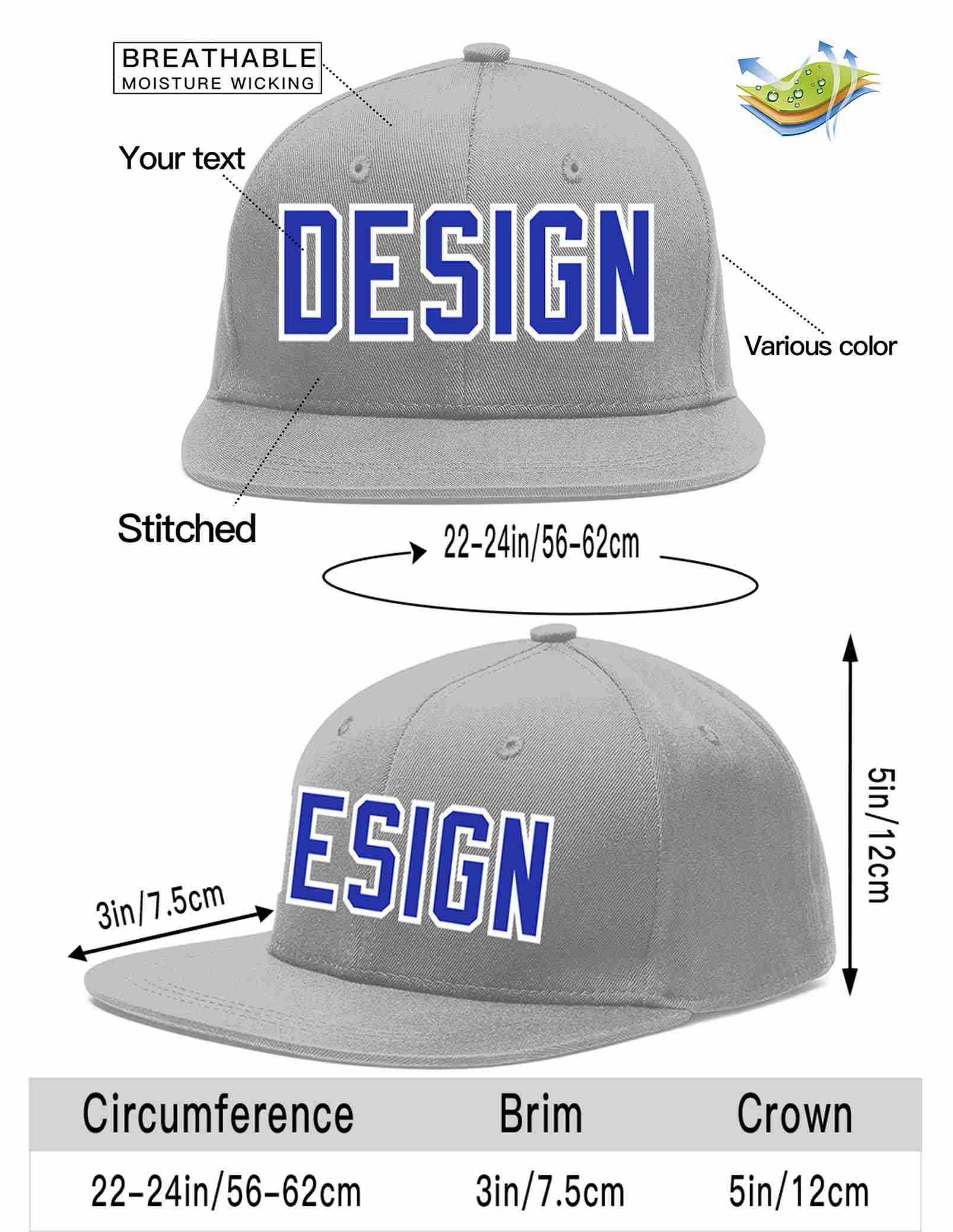 Custom Gray Royal-White Flat Eaves Sport Baseball Cap Design for Men/Women/Youth