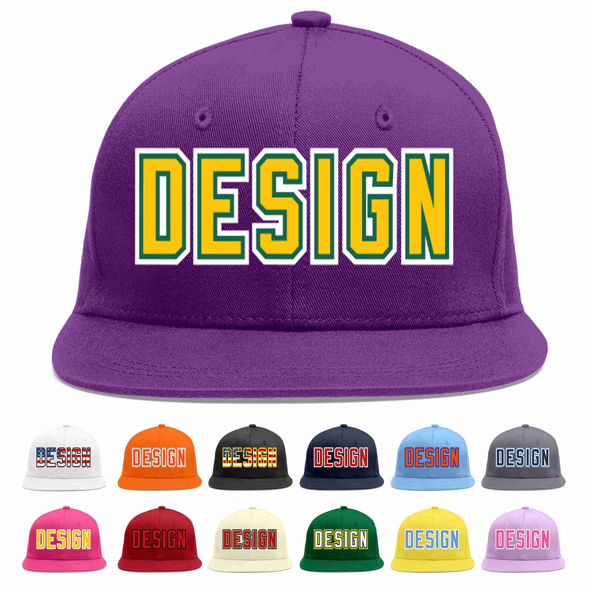 Conception personnalisée de casquette de baseball de sport à avant-toit plat violet or-kelly vert pour hommes/femmes/jeunes