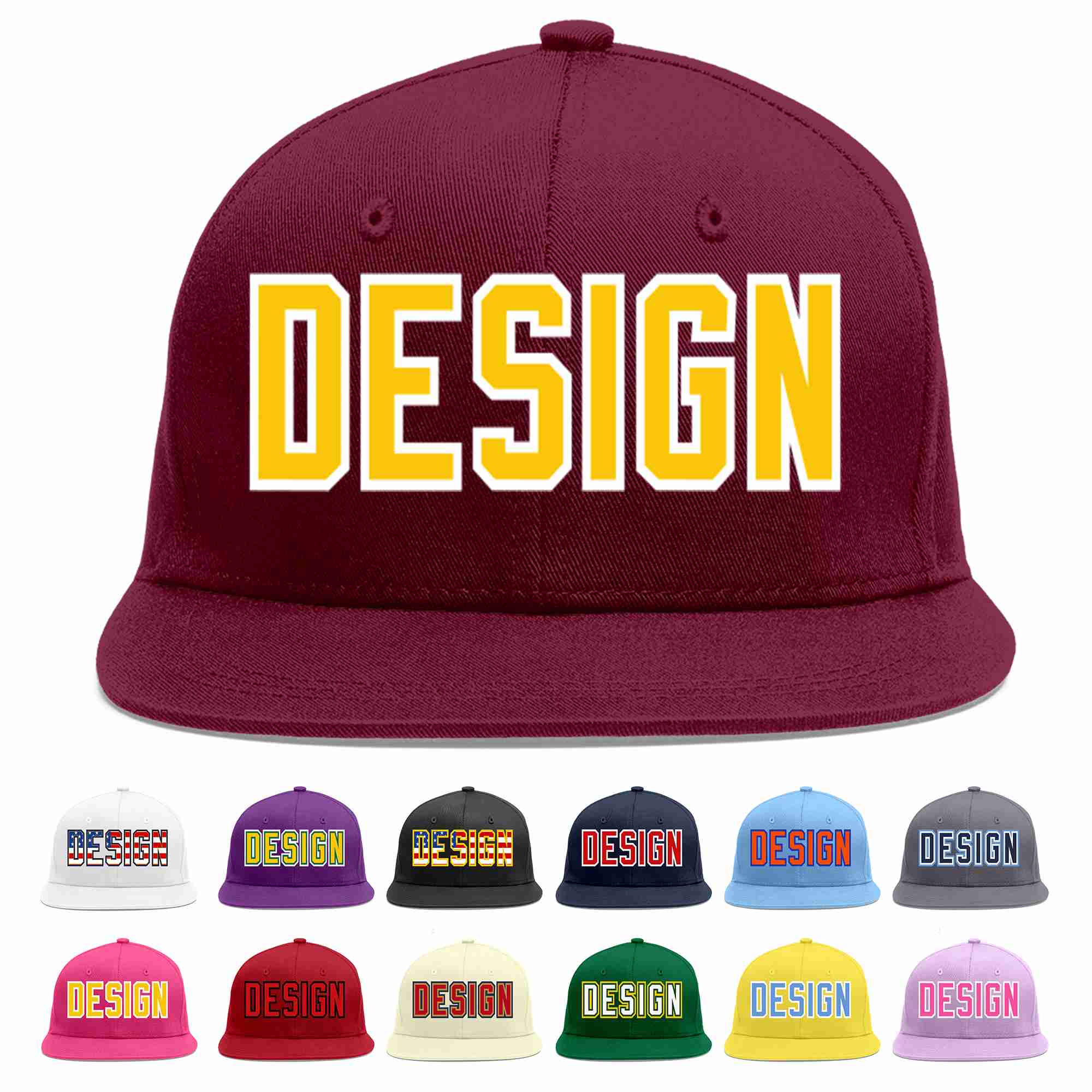 Custom Crimson Gold-White Flat Eaves Sport Baseball Cap Design for Men/Women/Youth