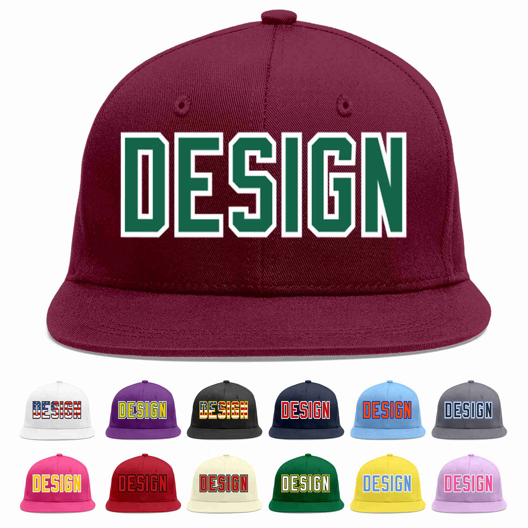 Custom Crimson Kelly Green-White Flat Eaves Sport Baseball Cap Design for Men/Women/Youth