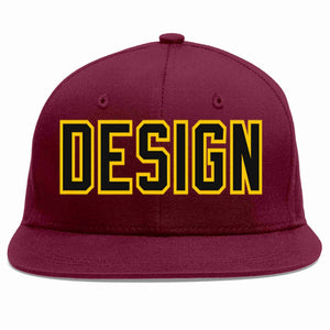 Custom Crimson Black-Gold Flat Eaves Sport Baseball Cap Design for Men/Women/Youth