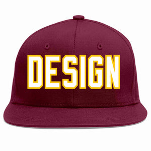 Custom Crimson White-Gold Flat Eaves Sport Baseball Cap Design for Men/Women/Youth