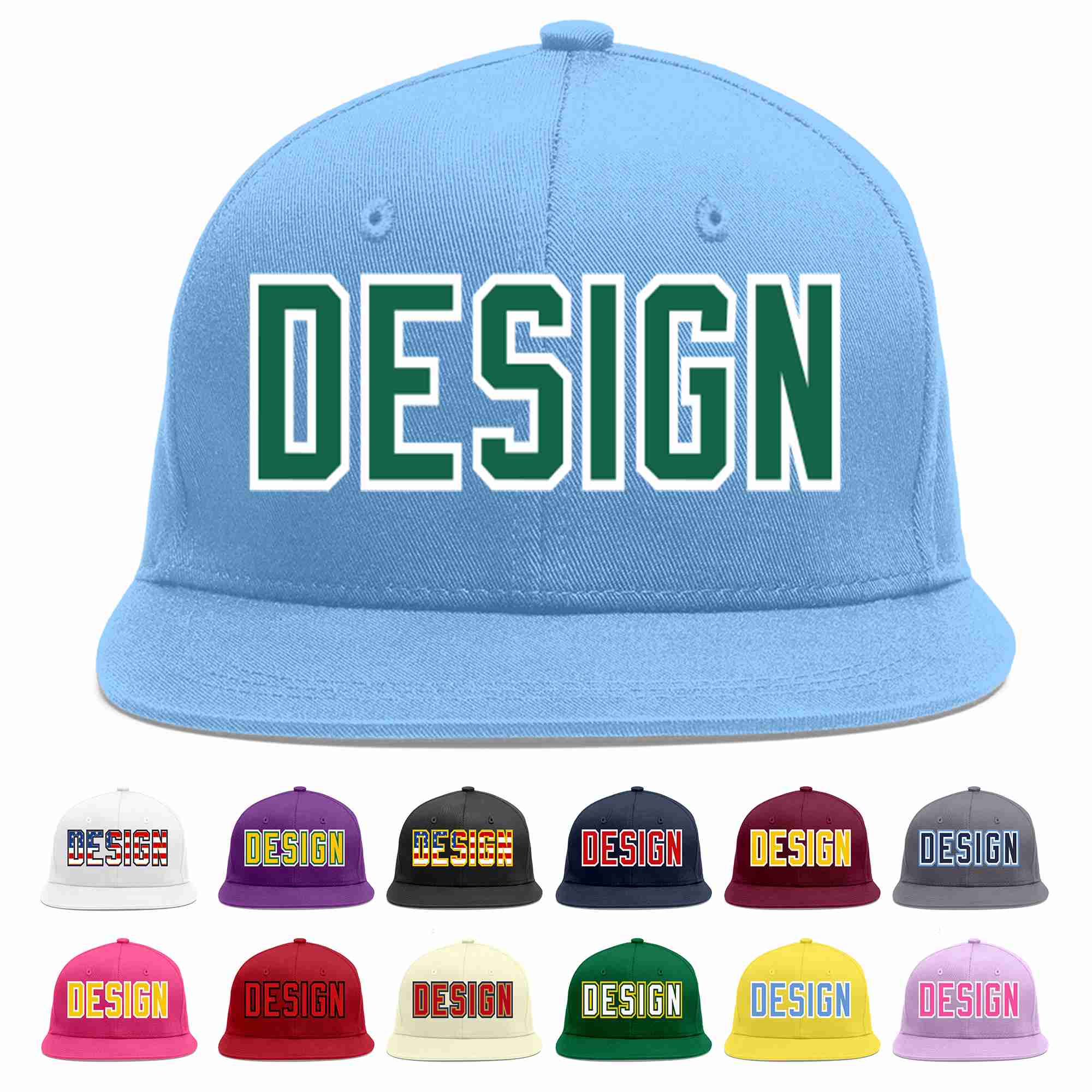 Custom Light Blue Kelly Green-White Flat Eaves Sport Baseball Cap Design for Men/Women/Youth