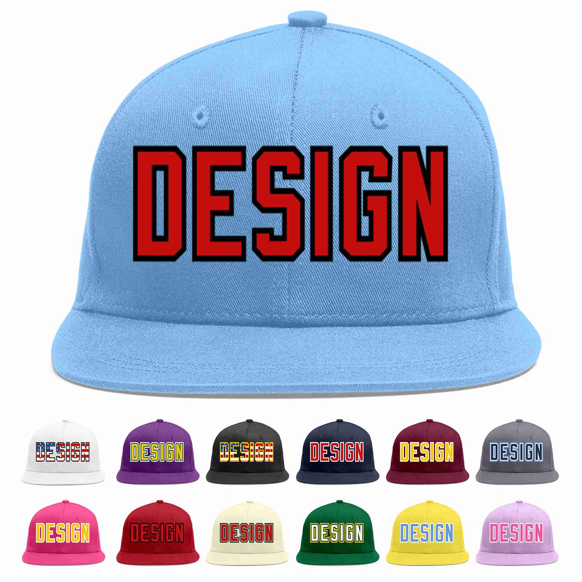 Custom Light Blue Red-Black Flat Eaves Sport Baseball Cap Design for Men/Women/Youth