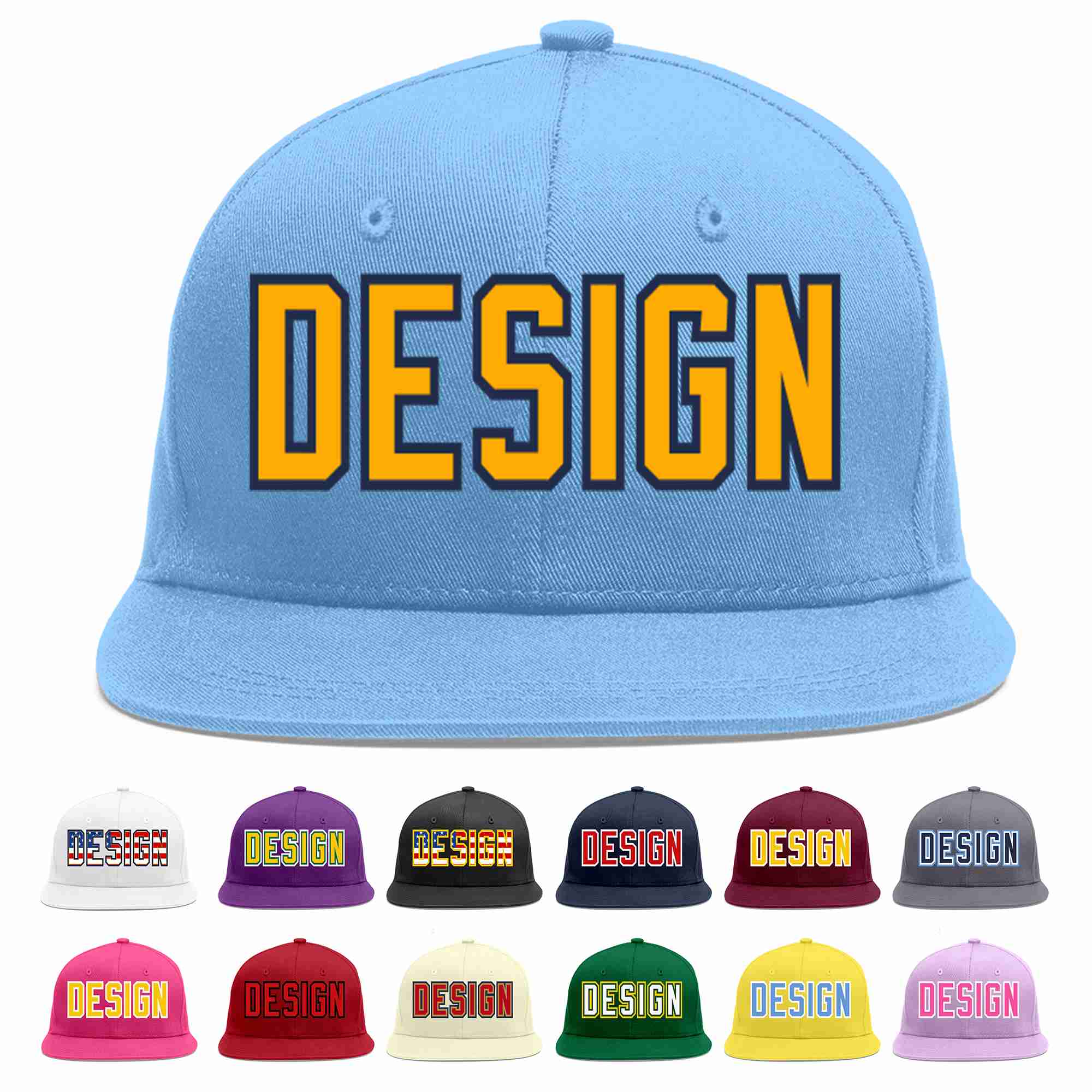 Conception personnalisée de casquette de baseball de sport à avant-toit plat bleu clair jaune-marine pour hommes/femmes/jeunes