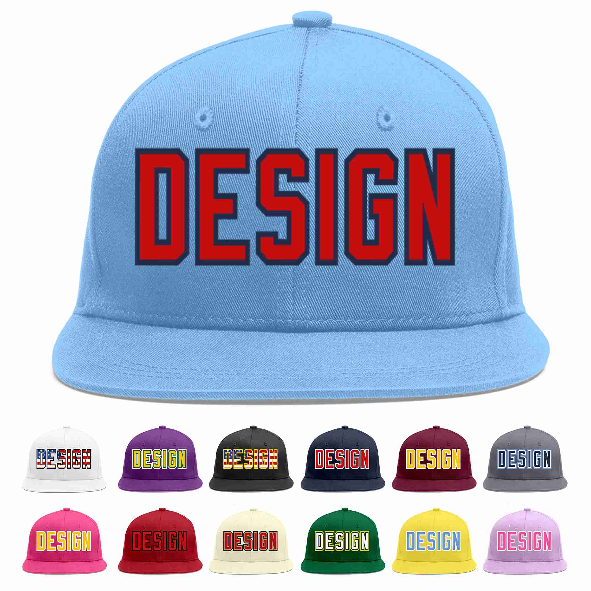 Custom Light Blue Red-Navy Flat Eaves Sport Baseball Cap Design for Men/Women/Youth