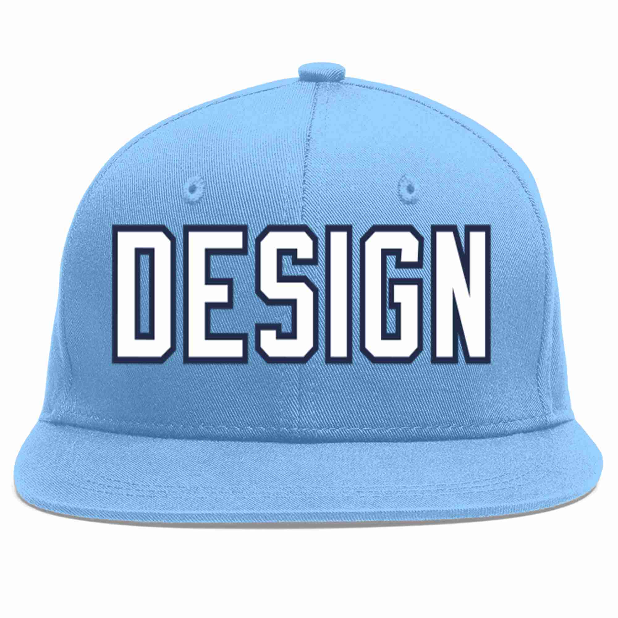 Custom Light Blue White-Navy Flat Eaves Sport Baseball Cap Design for Men/Women/Youth