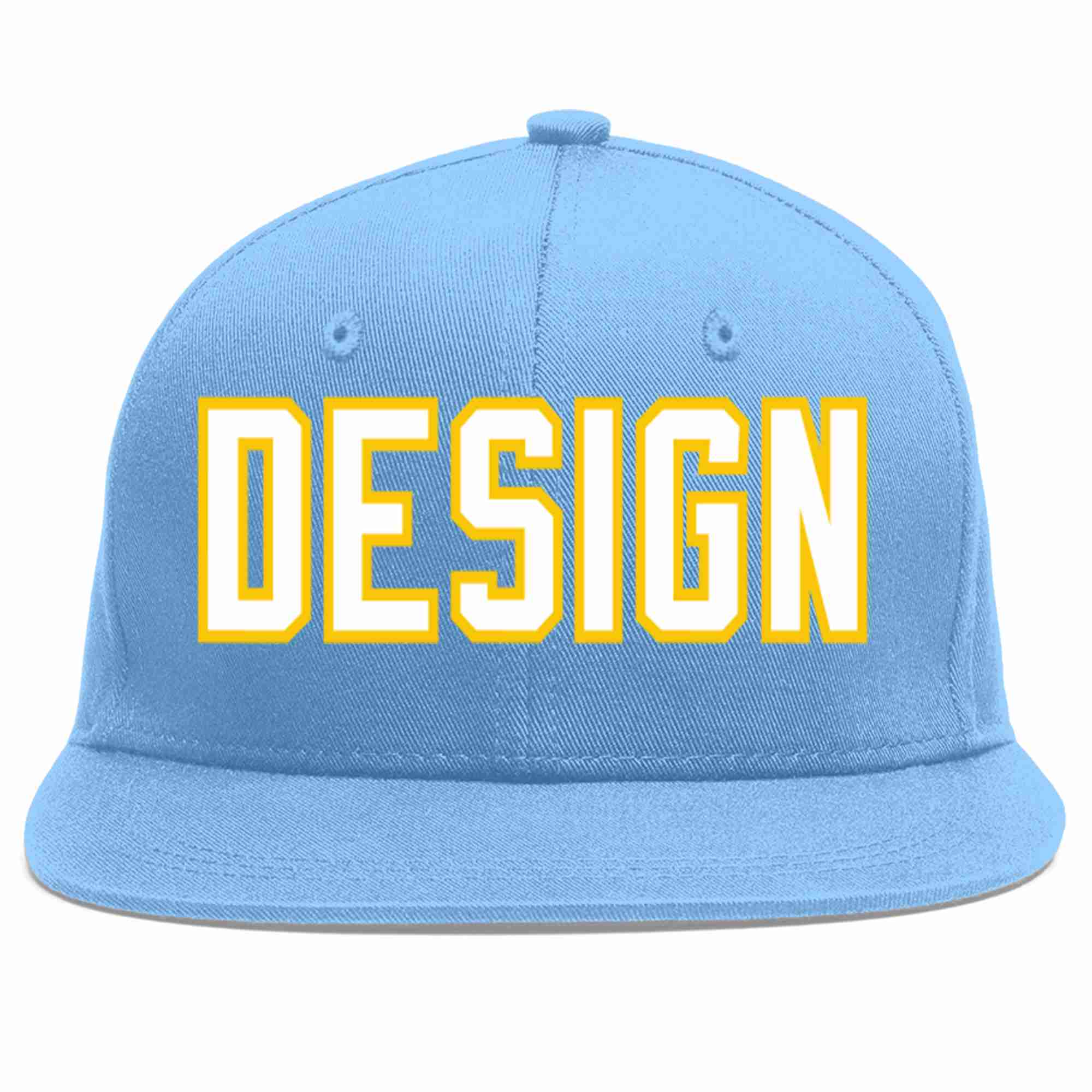 Custom Light Blue White-Gold Flat Eaves Sport Baseball Cap Design for Men/Women/Youth