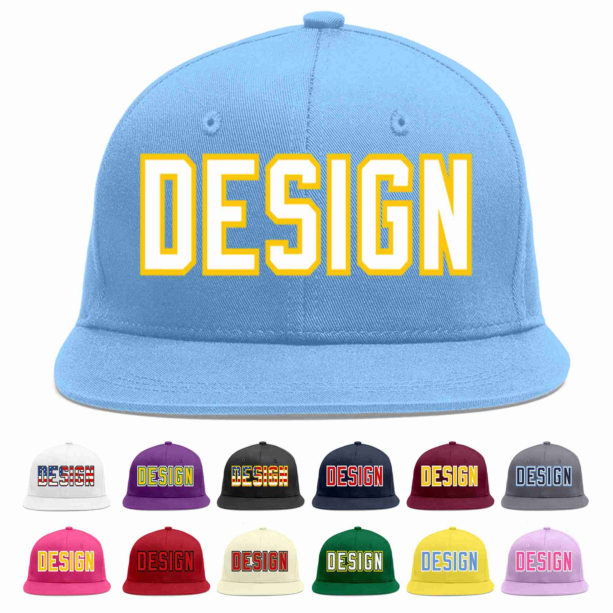 Custom Light Blue White-Gold Flat Eaves Sport Baseball Cap Design for Men/Women/Youth