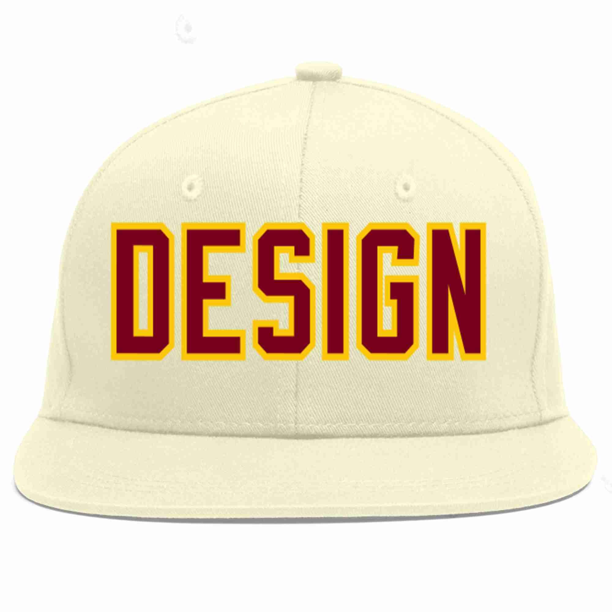 Custom Cream Crimson-Gold Flat Eaves Sport Baseball Cap Design for Men/Women/Youth