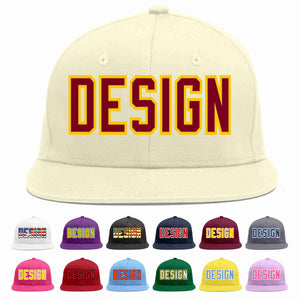 Custom Cream Crimson-Gold Flat Eaves Sport Baseball Cap Design for Men/Women/Youth