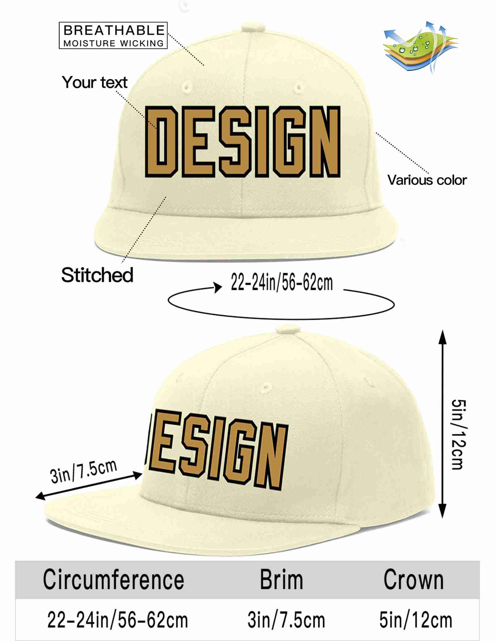 Custom Cream Old Gold-Black Flat Eaves Sport Baseball Cap Design for Men/Women/Youth