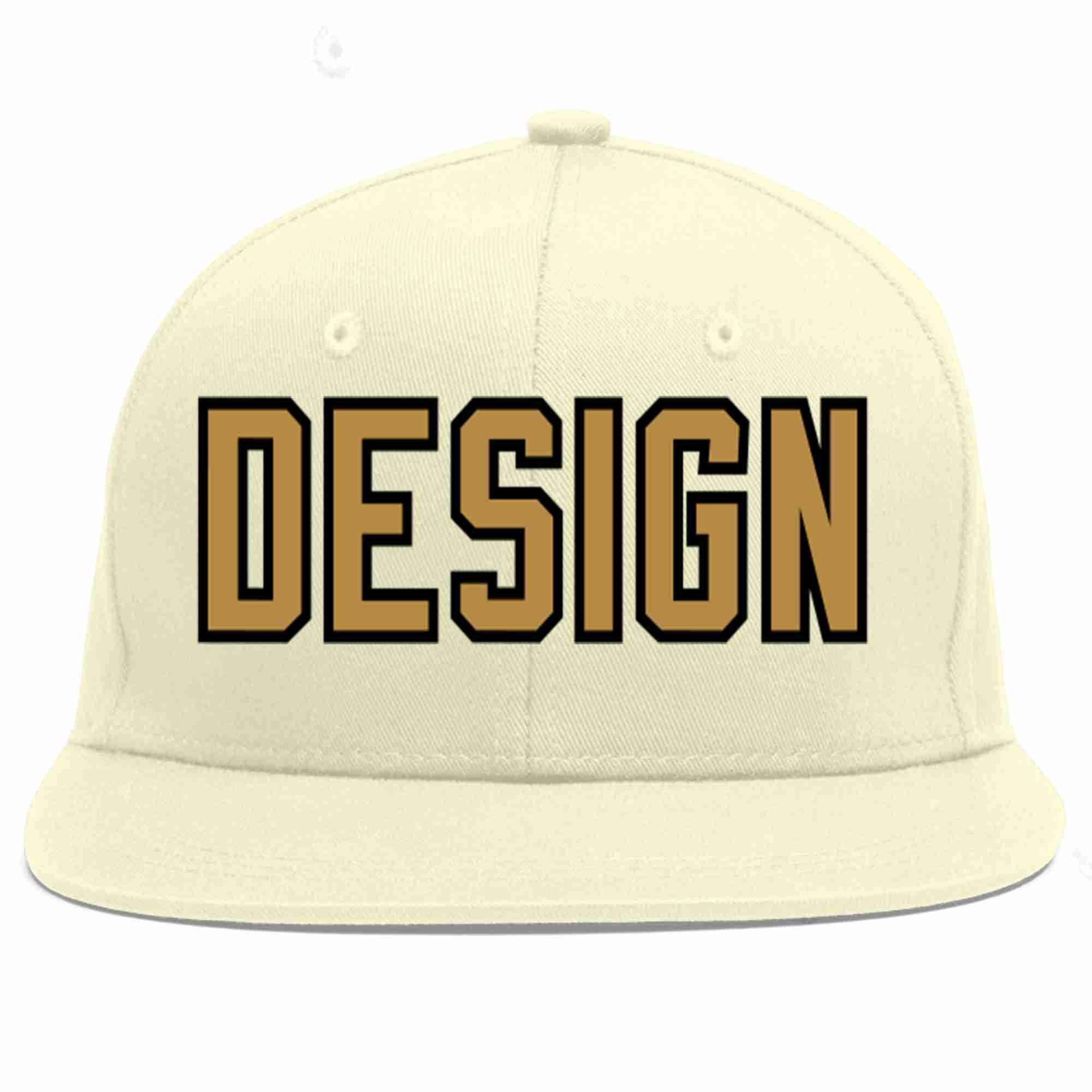 Custom Cream Old Gold-Black Flat Eaves Sport Baseball Cap Design for Men/Women/Youth