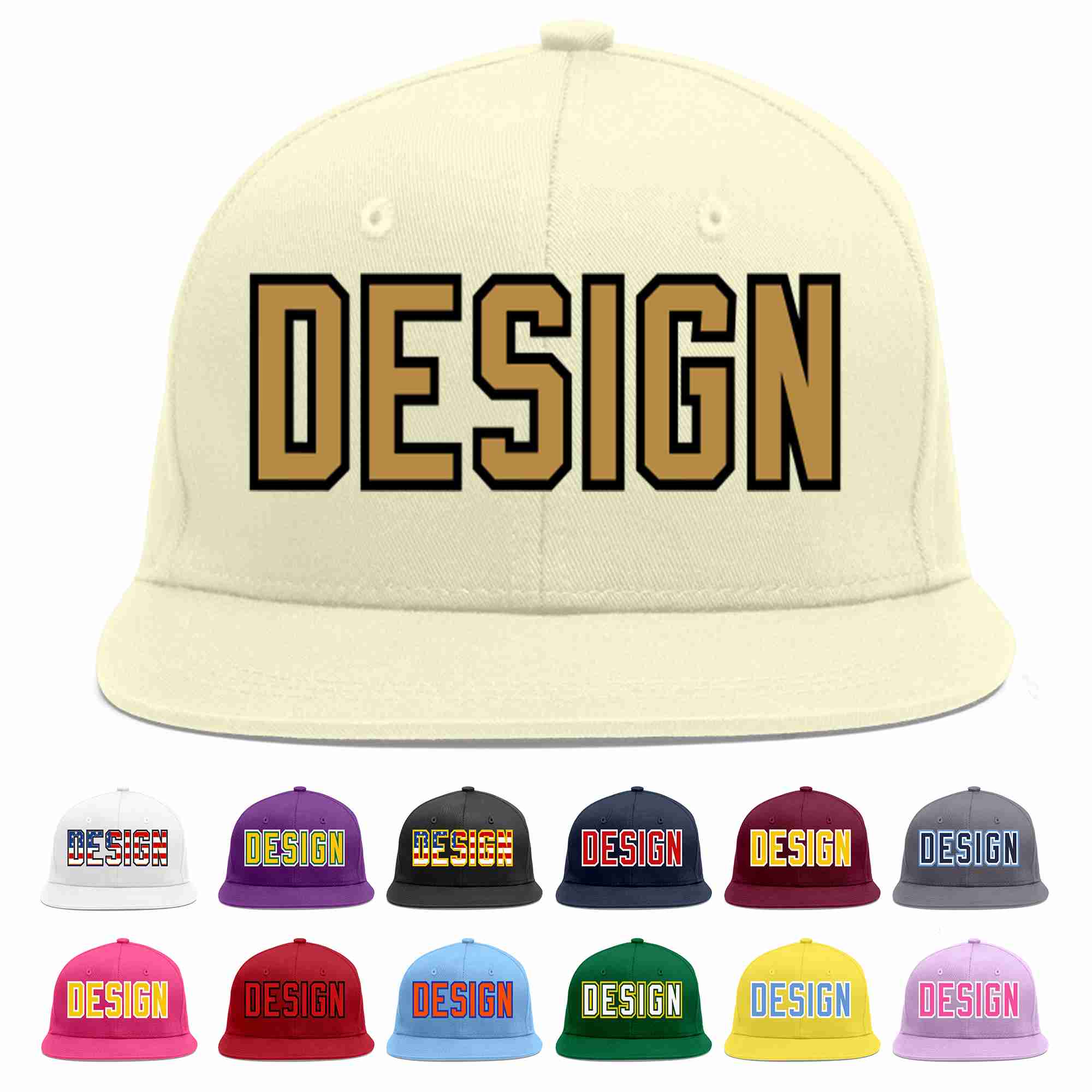 Custom Cream Old Gold-Black Flat Eaves Sport Baseball Cap Design for Men/Women/Youth