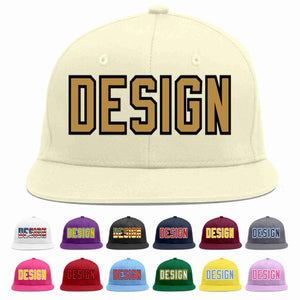 Custom Cream Old Gold-Black Flat Eaves Sport Baseball Cap Design for Men/Women/Youth