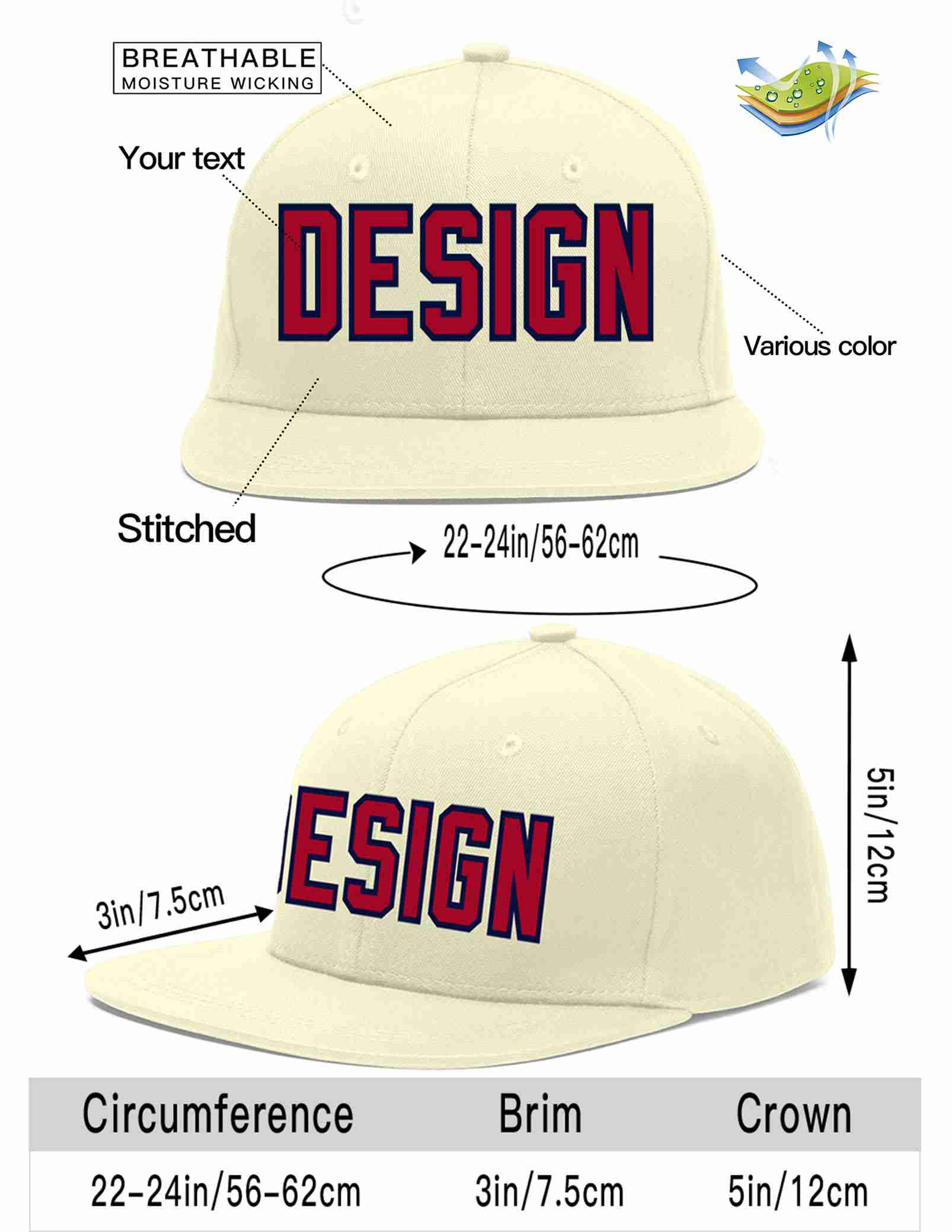 Custom Cream Red-Navy Flat Eaves Sport Baseball Cap Design for Men/Women/Youth