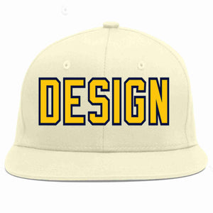 Custom Cream Gold-Navy Flat Eaves Sport Baseball Cap Design for Men/Women/Youth