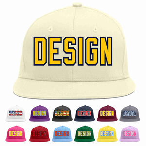 Custom Cream Gold-Navy Flat Eaves Sport Baseball Cap Design for Men/Women/Youth