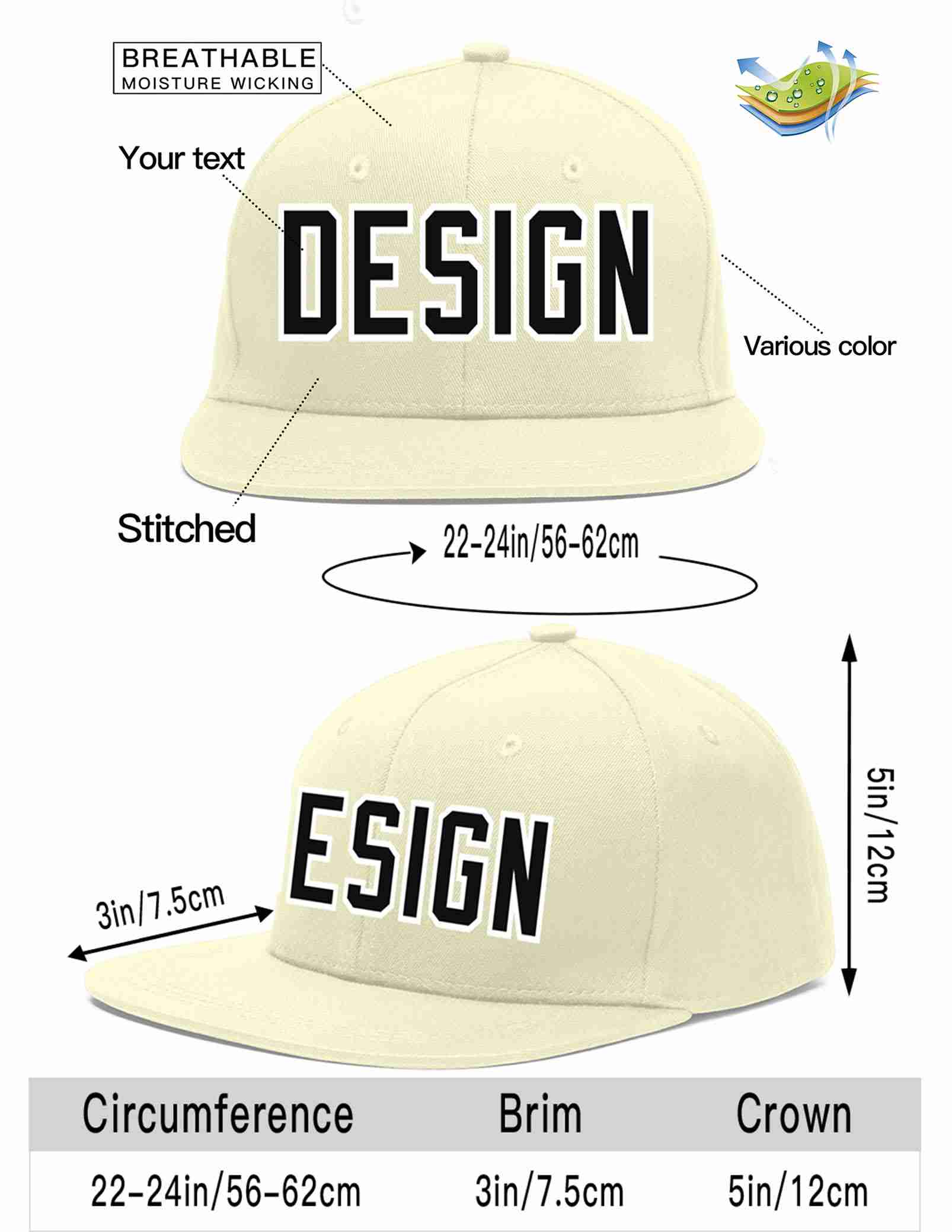 Custom Cream Black-White Flat Eaves Sport Baseball Cap Design for Men/Women/Youth