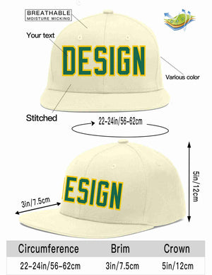 Custom Cream Kelly Green-Gold Flat Eaves Sport Baseball Cap Design for Men/Women/Youth