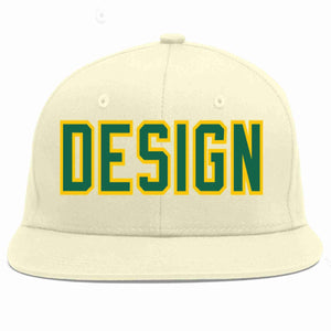 Custom Cream Kelly Green-Gold Flat Eaves Sport Baseball Cap Design for Men/Women/Youth