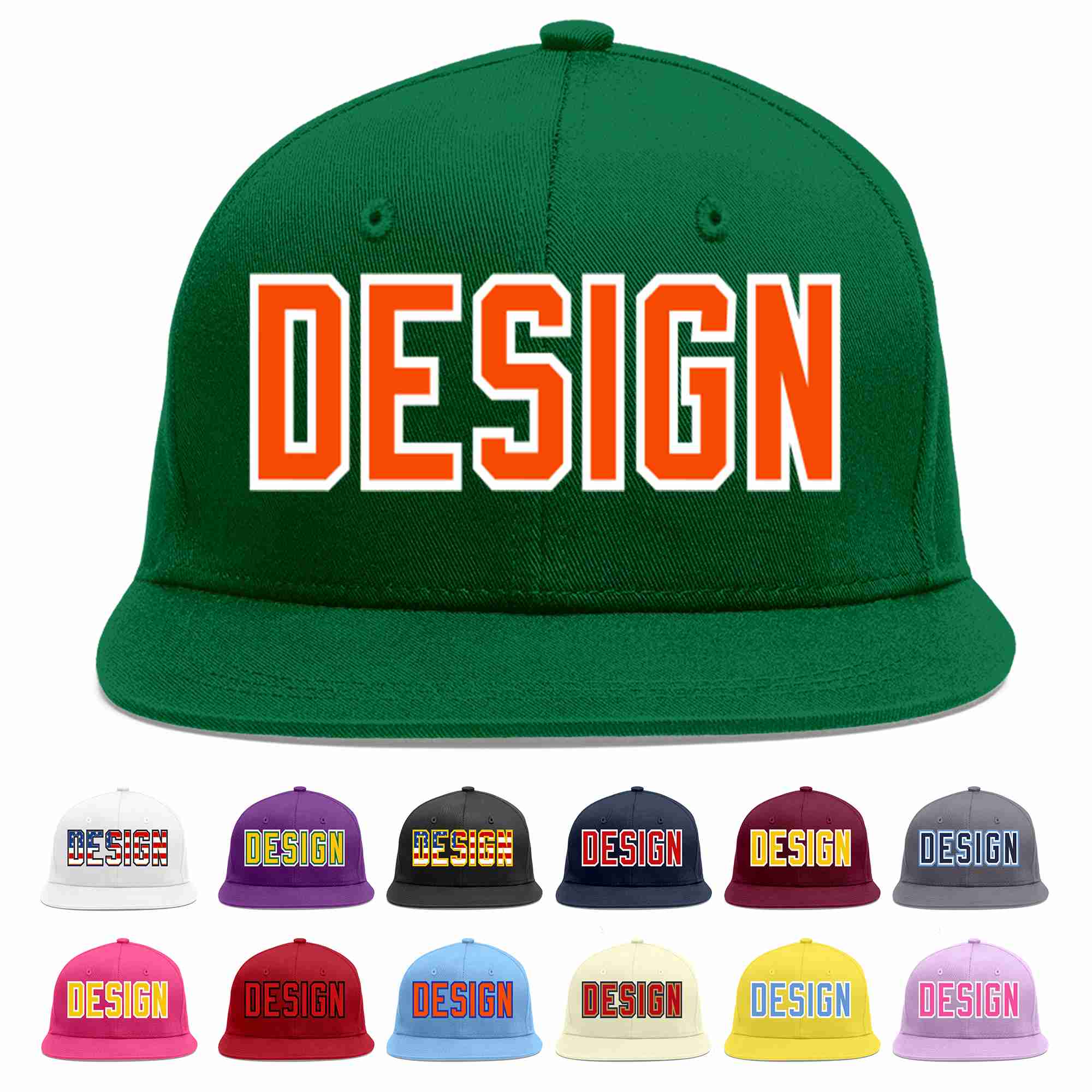 Custom Green Orange-White Flat Eaves Sport Baseball Cap Design for Men/Women/Youth