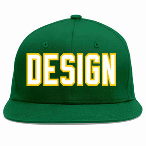 Custom Green White-Gold Flat Eaves Sport Baseball Cap Design for Men/Women/Youth