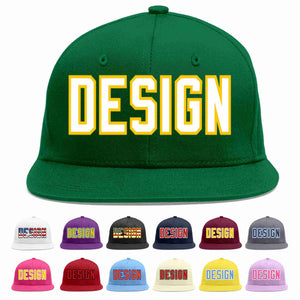 Custom Green White-Gold Flat Eaves Sport Baseball Cap Design for Men/Women/Youth