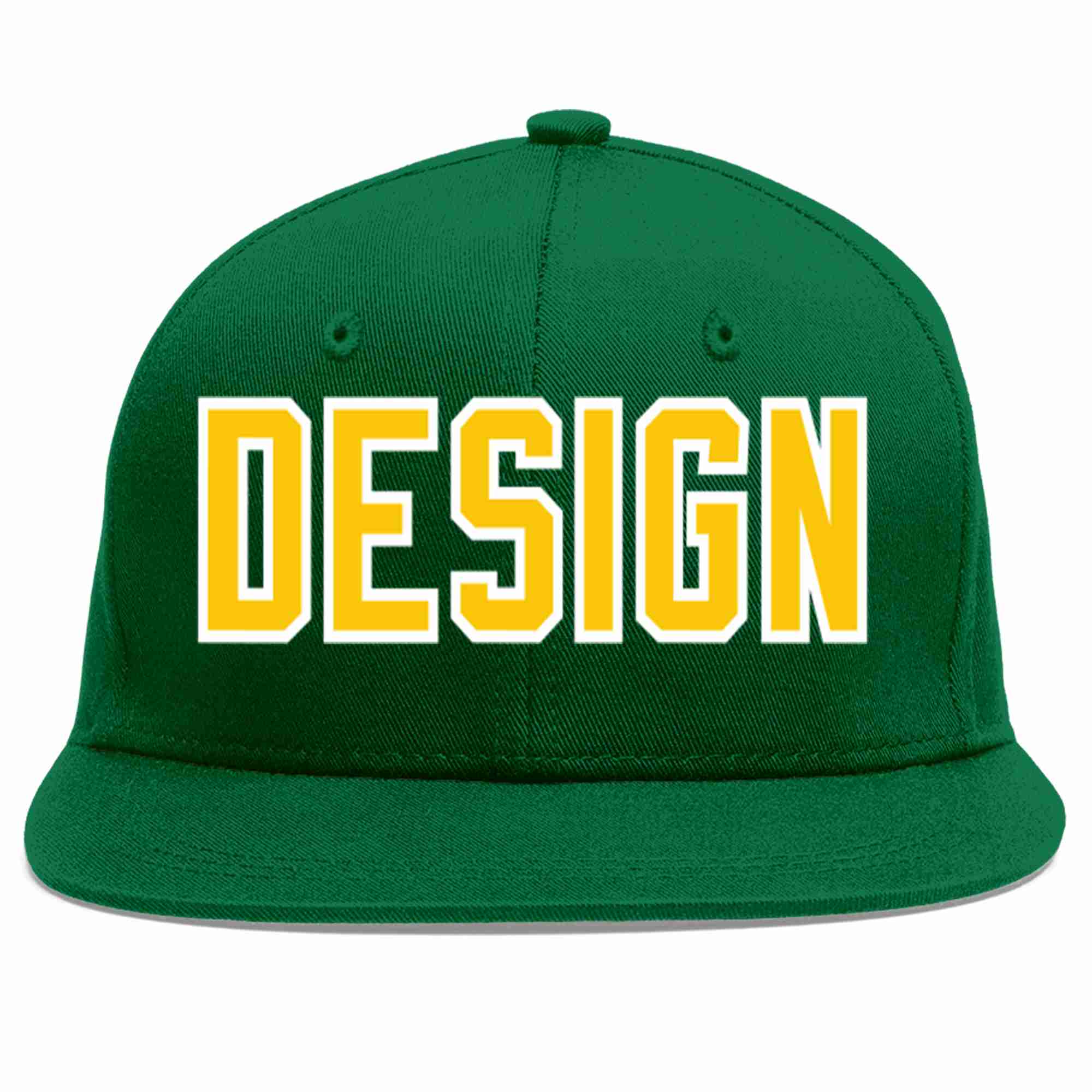 Custom Green Gold-White Flat Eaves Sport Baseball Cap Design for Men/Women/Youth