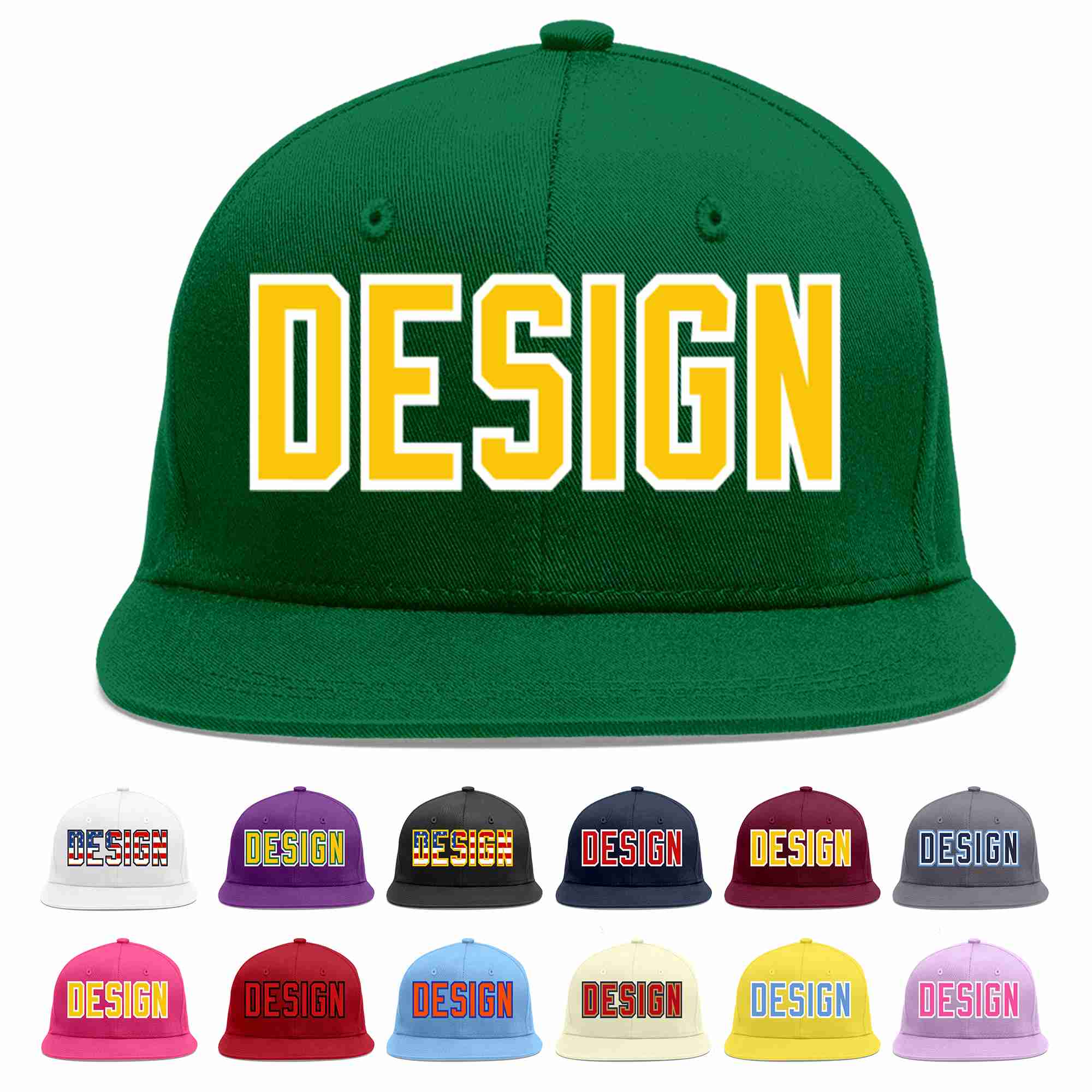 Custom Green Gold-White Flat Eaves Sport Baseball Cap Design for Men/Women/Youth