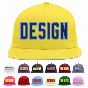 Custom Light Gold Navy-Light Blue Flat Eaves Sport Baseball Cap Design for Men/Women/Youth