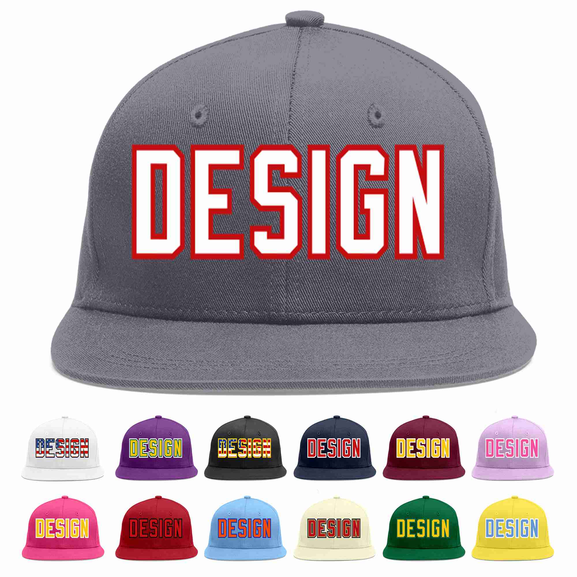 Custom Dark Gray White-Red Flat Eaves Sport Baseball Cap Design for Men/Women/Youth