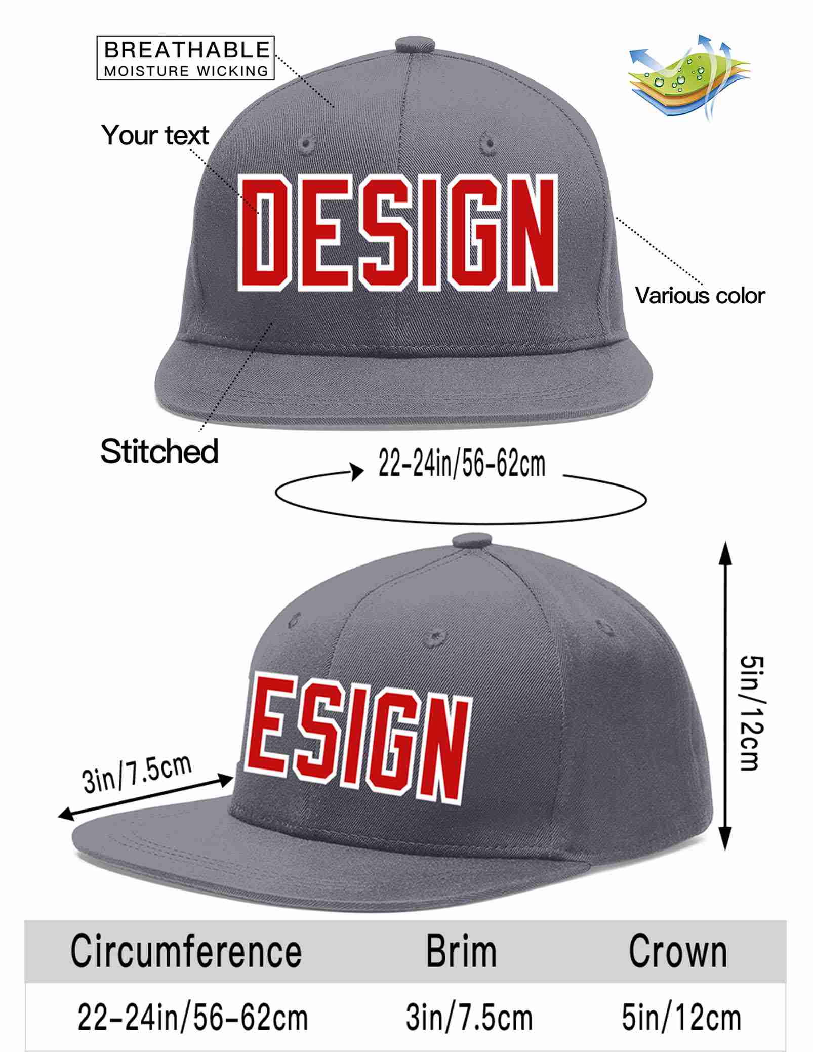 Custom Dark Gray Red-White Flat Eaves Sport Baseball Cap Design for Men/Women/Youth