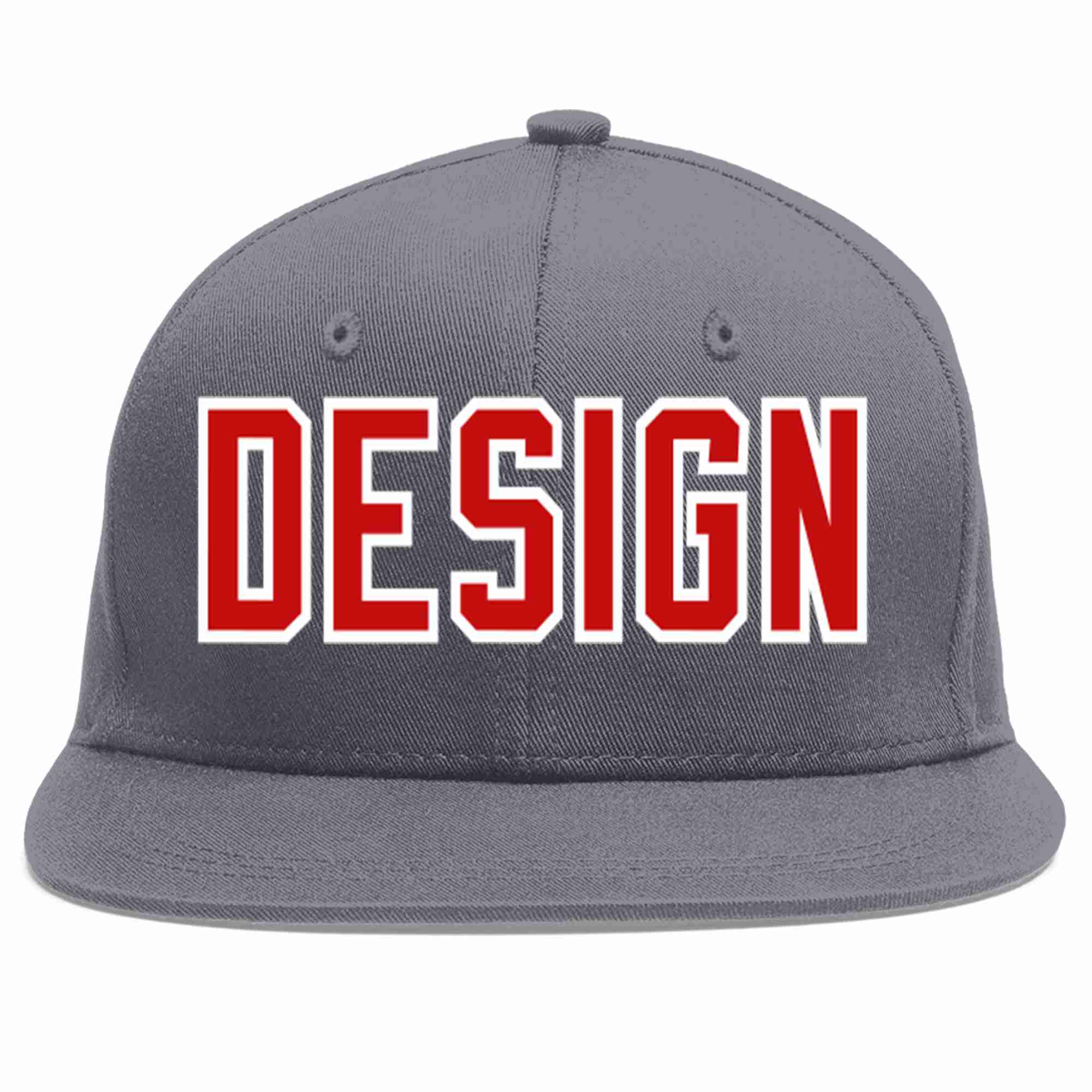 Custom Dark Gray Red-White Flat Eaves Sport Baseball Cap Design for Men/Women/Youth