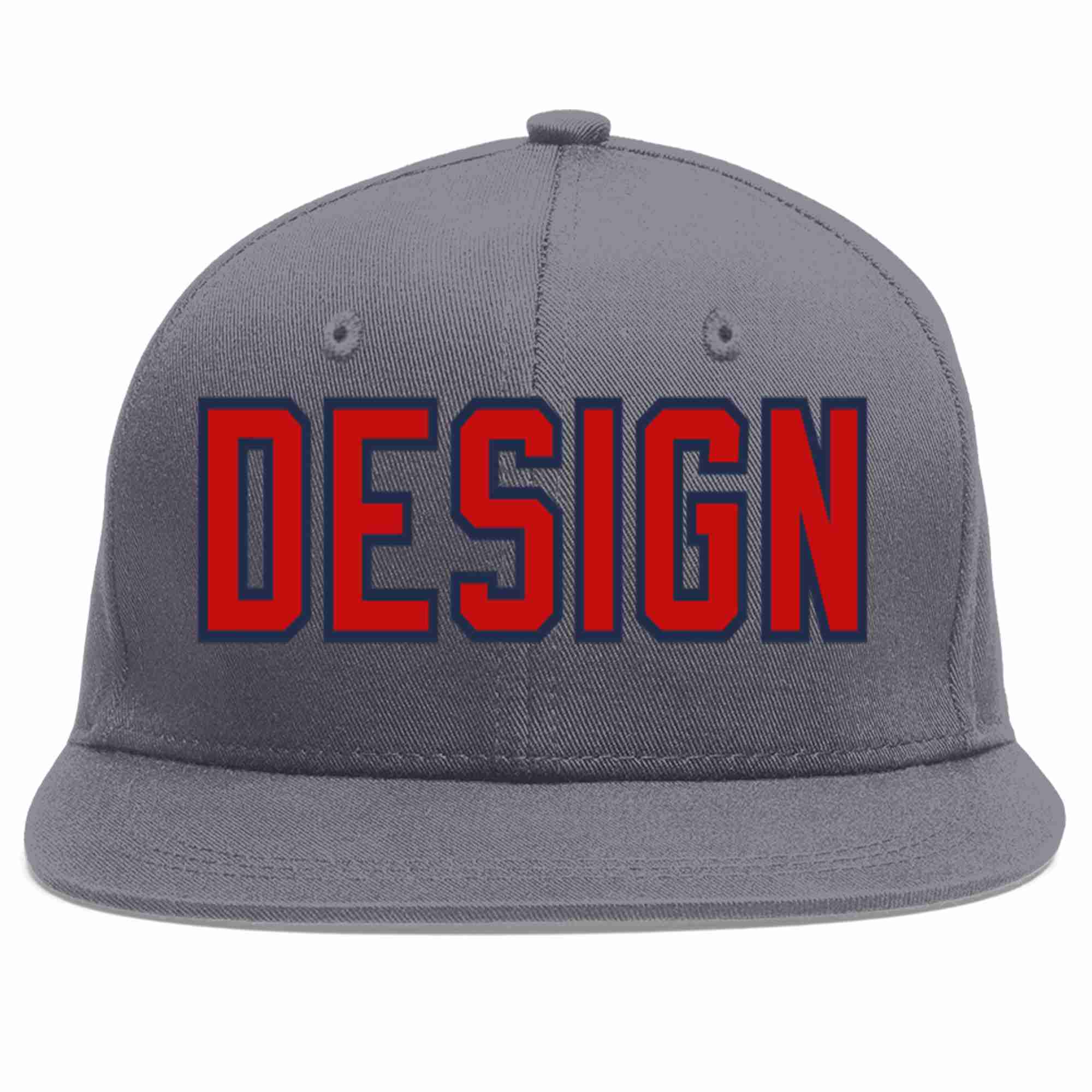 Custom Dark Gray Red-Navy Flat Eaves Sport Baseball Cap Design for Men/Women/Youth