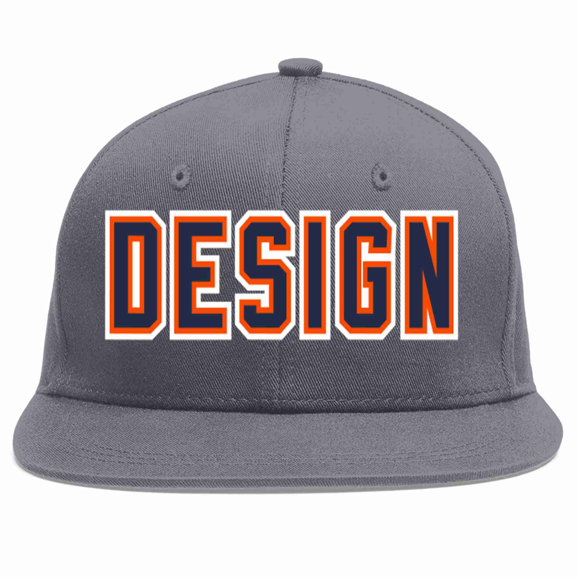 Casquette de baseball sport personnalisée gris foncé, bleu marine et orange, design plat pour hommes/femmes/jeunes