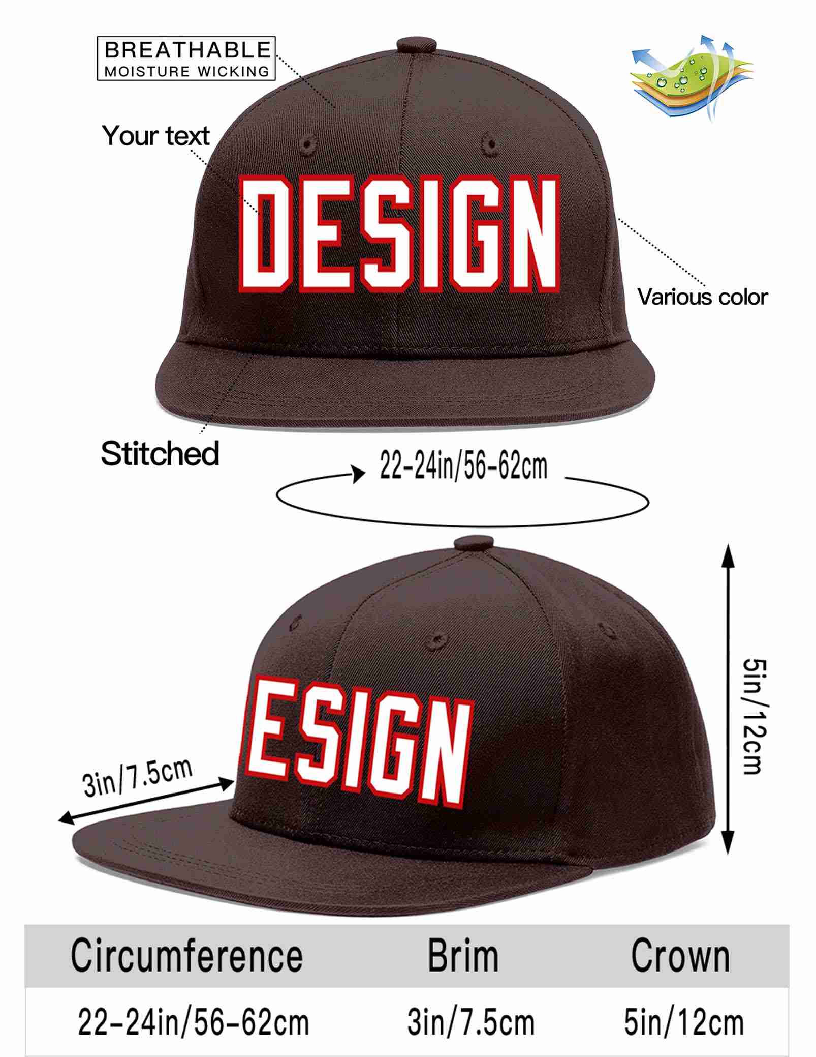 Custom Brown White-Red Flat Eaves Sport Baseball Cap Design for Men/Women/Youth