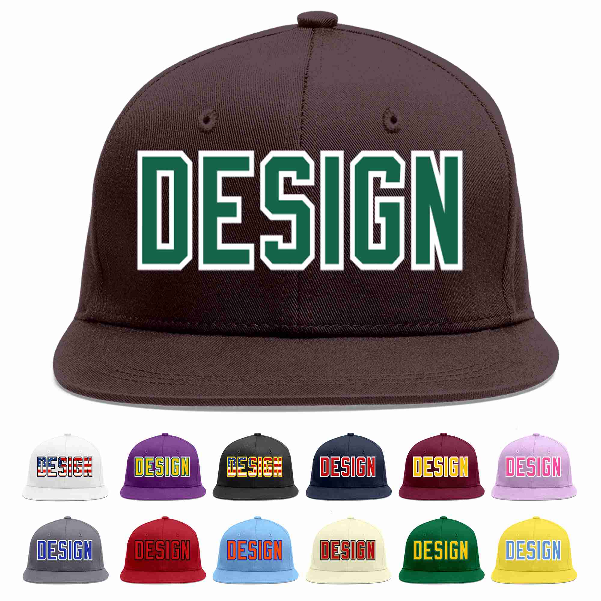 Custom Brown Kelly Green-White Flat Eaves Sport Baseball Cap Design for Men/Women/Youth