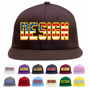 Custom Brown Vintage USA Flag-Gold Flat Eaves Sport Baseball Cap Design for Men/Women/Youth