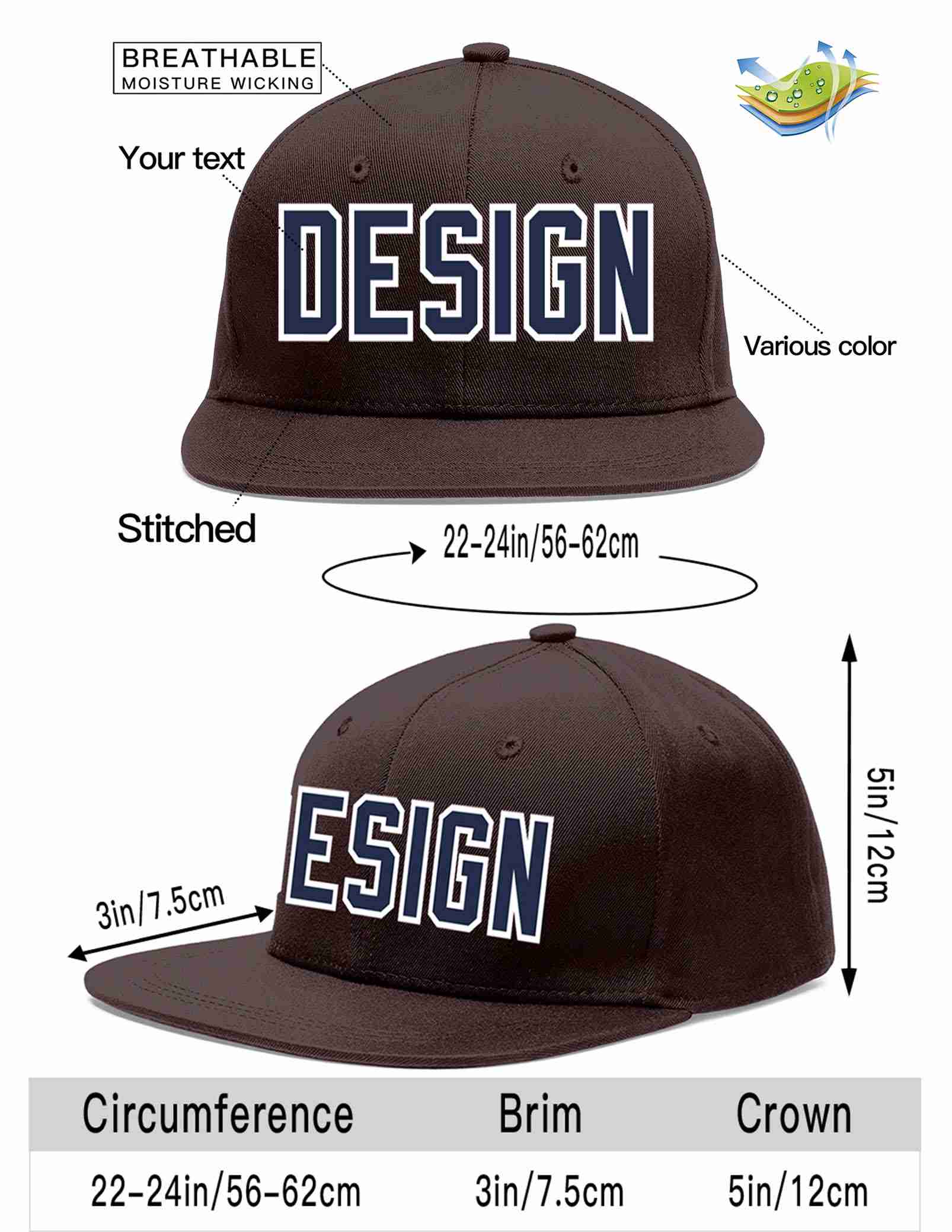 Custom Brown Navy-White Flat Eaves Sport Baseball Cap Design for Men/Women/Youth