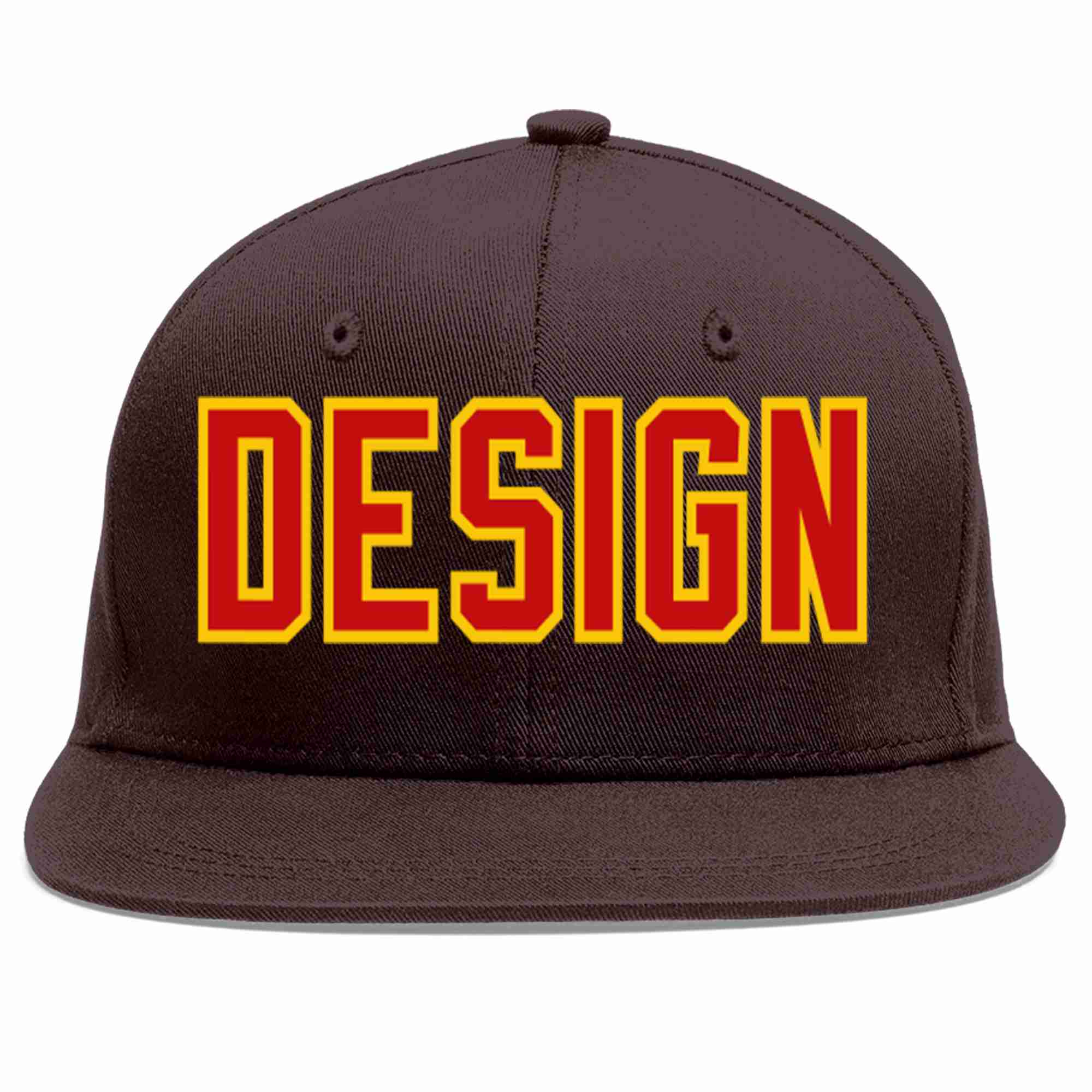 Conception personnalisée de casquette de baseball de sport à Eaves plates marron rouge-jaune pour hommes/femmes/jeunes