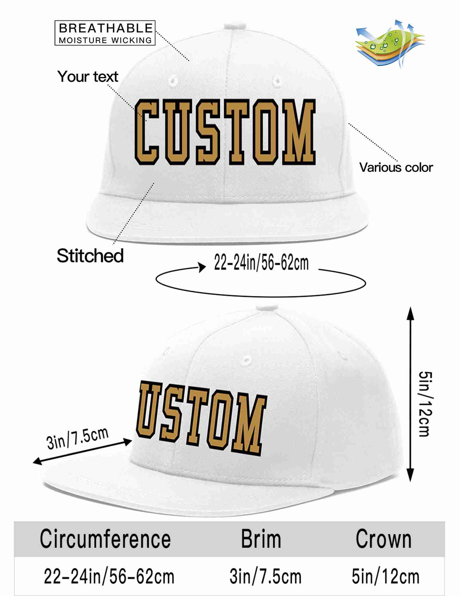 Custom White Old Gold-Black Casual Sport Baseball Cap