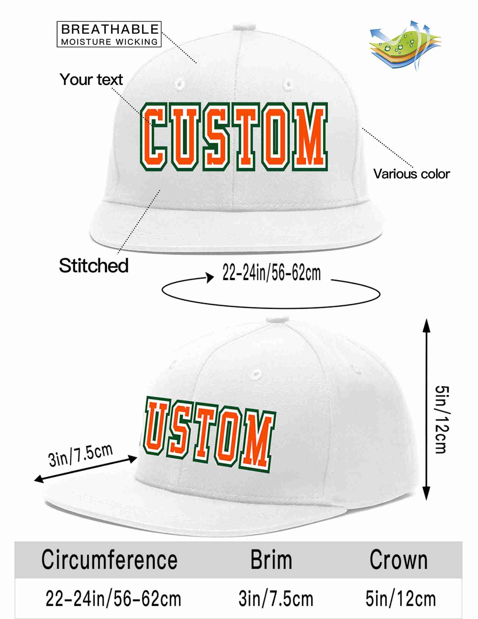 Casquette de baseball sport décontractée personnalisée blanc orange-blanc