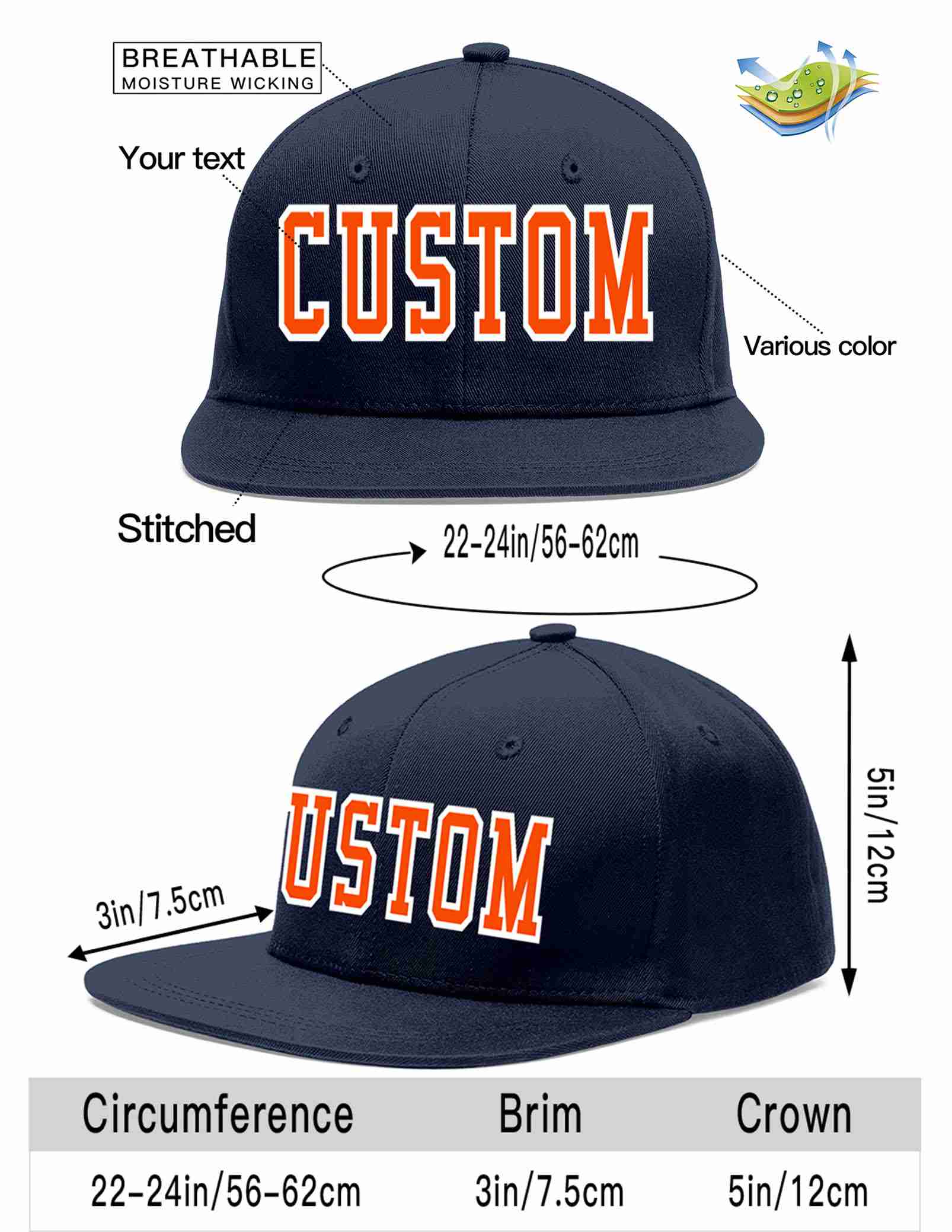 Custom Navy Orange-White Casual Sport Baseball Cap