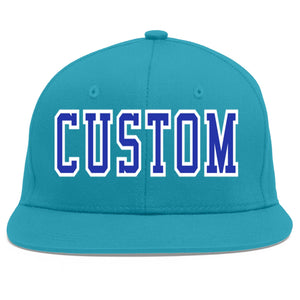 Custom Aqua Royal-White Flat Eaves Sport Baseball Cap