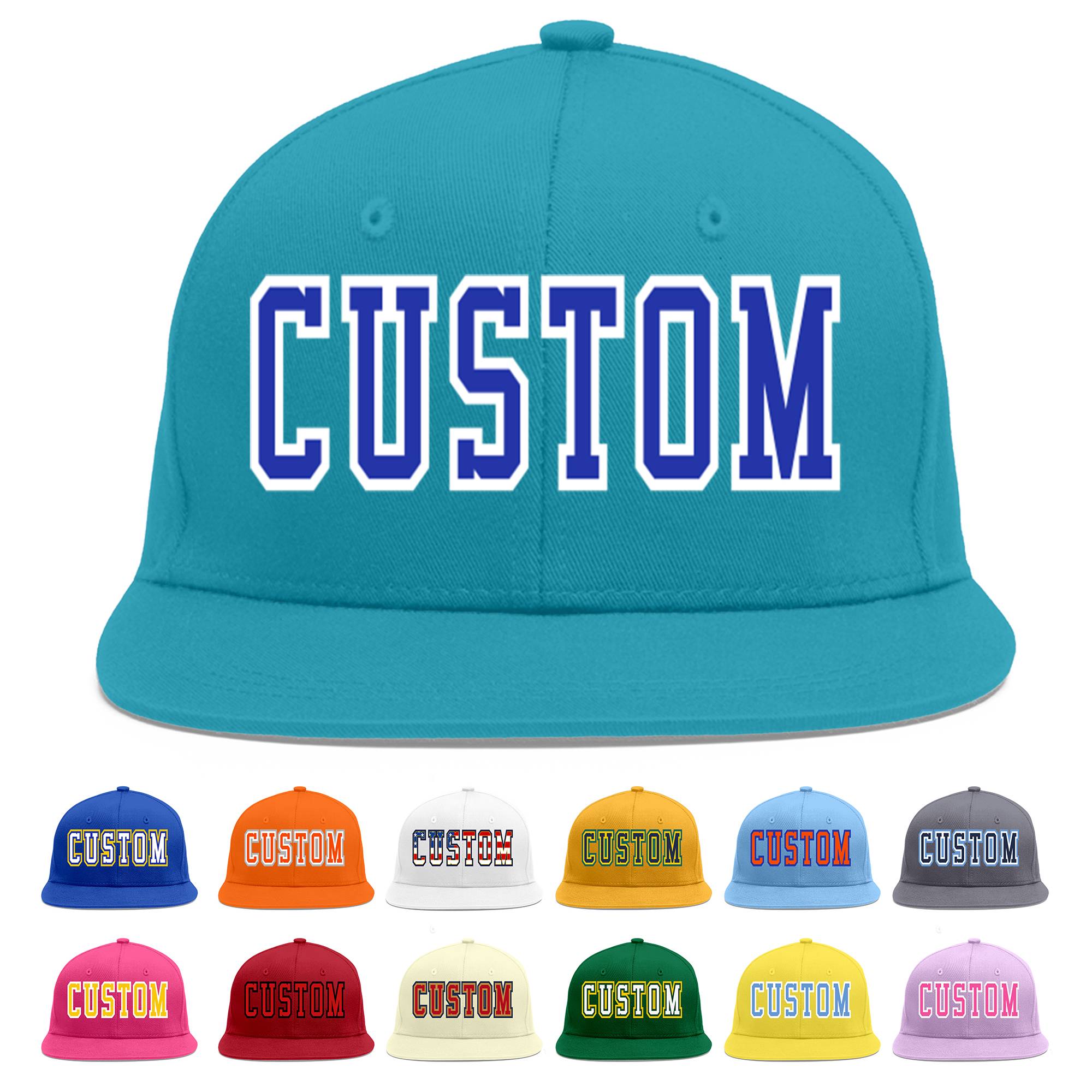 Custom Aqua Royal-White Flat Eaves Sport Baseball Cap