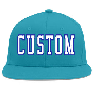 Custom Aqua White-Royal Flat Eaves Sport Baseball Cap